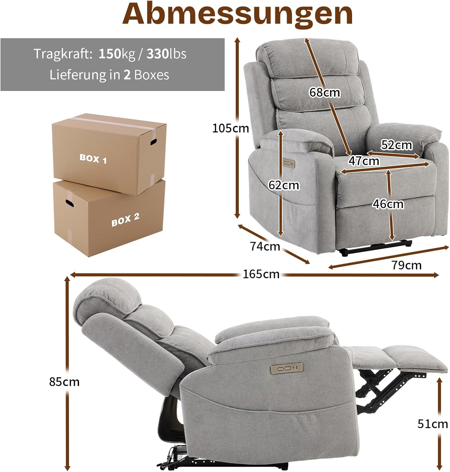 LEADZM Fernsehsessel Relaxsessel mit drahtloser Ladevorrichtung, 1 USB-Anschluss, 1 USB-C-Ladeanschluss, Liegen TV Sessel mit Massage Heizung, Seitentaschen, Getränkehalter (Hellgrau)