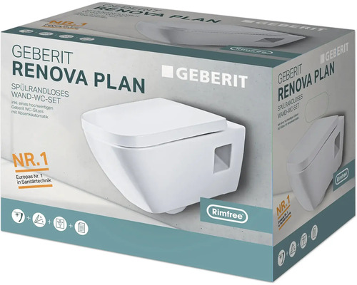 GEBERIT Renova Plan wandclosetset, randloos, glanzend wit met toiletzitting CG04005000