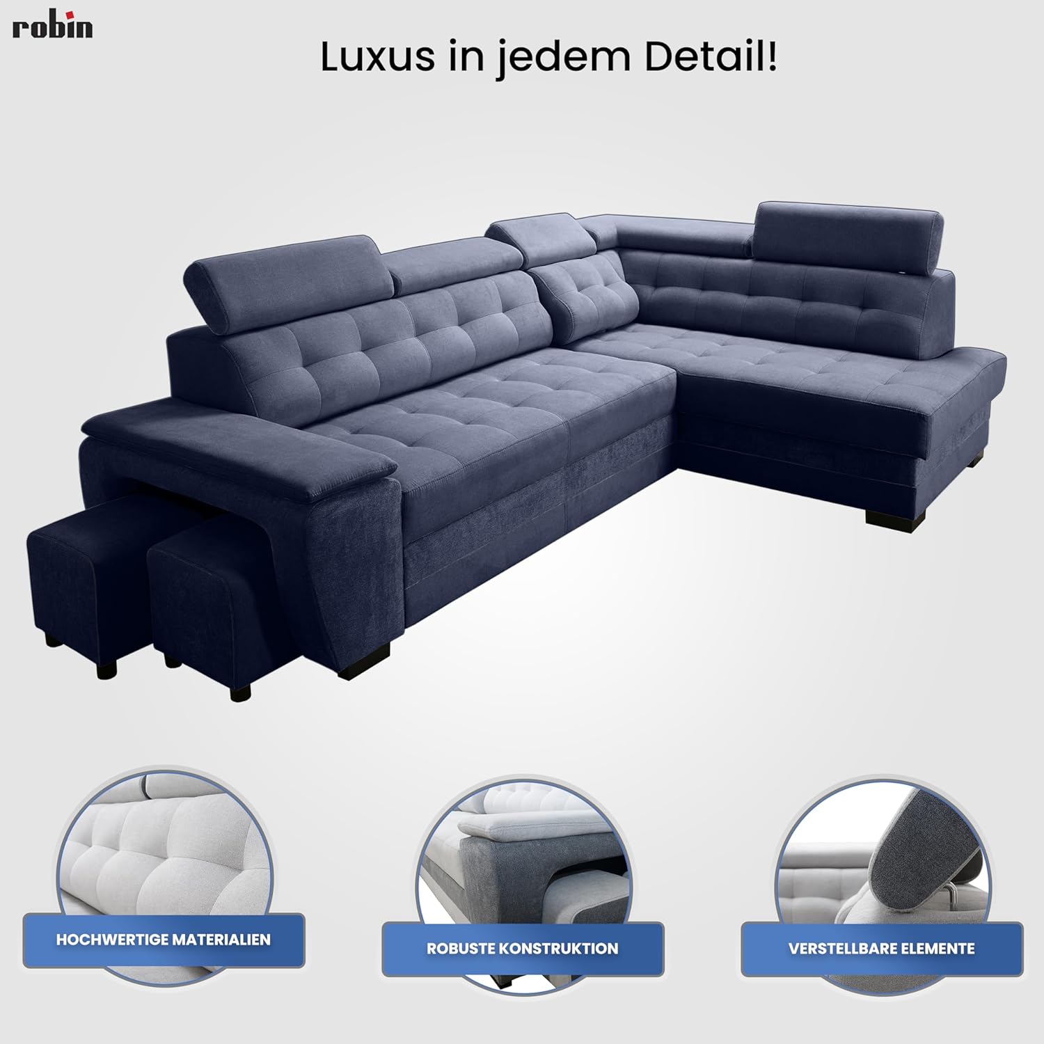 Robin Grand Ecksofa mit Schlaffunktion Bettkasten Kopfstützen Relaxfunktion 2 Hocker Sofa L-Form Schlafsofa Freistehende Eckcouch Schlafcouch Wohnzimmermöbel Wohnlandschaft Links Silver Anthracite