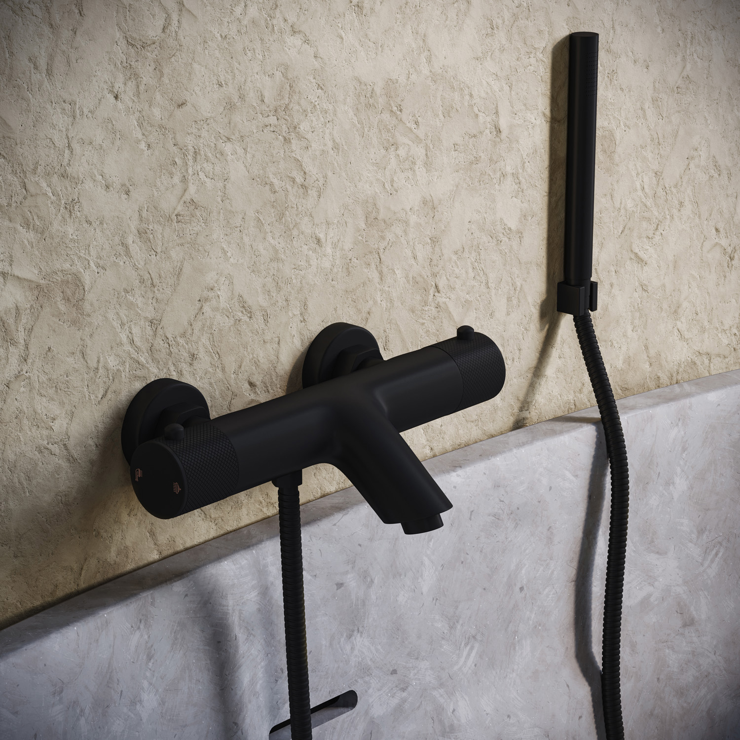 Saniclear Nero Curved thermostatische opbouw badkraan met handdouche zwart mat