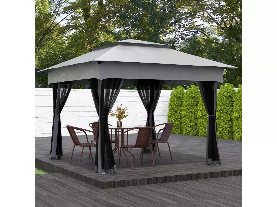Tonnelle barnum de jardin pop-up pliant 3,25L x 3,25l x 2,7H m acier polyester moustiquaires + sac de transport gris
