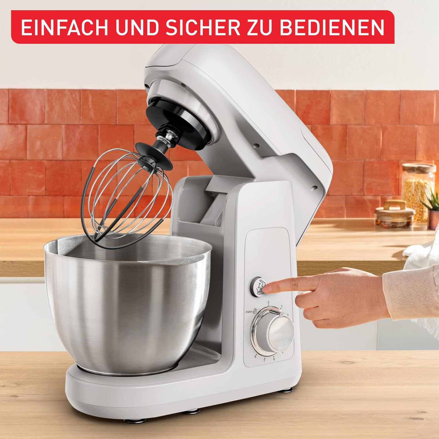 Tefal Bake Partner Küchenmaschine, leistungsstarke 1100 W, inkl. Standmixeraufsatz + Back-Kit, Abschaltautomatik bei Anheben des Armes, planetarisches Rührsystem, 4,6-l-Schüssel, Silber, QB525B38