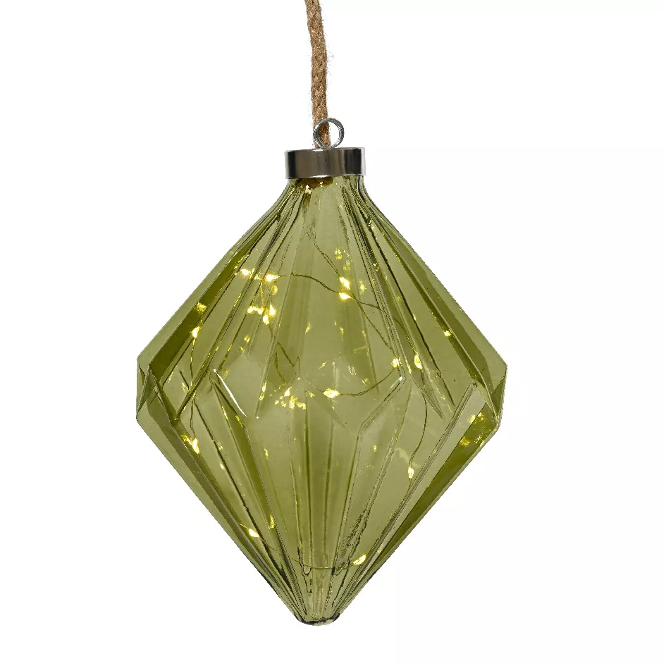 Suspension lumineuse en verre à piles 15 LED (H20 cm) Diamant Thé vert