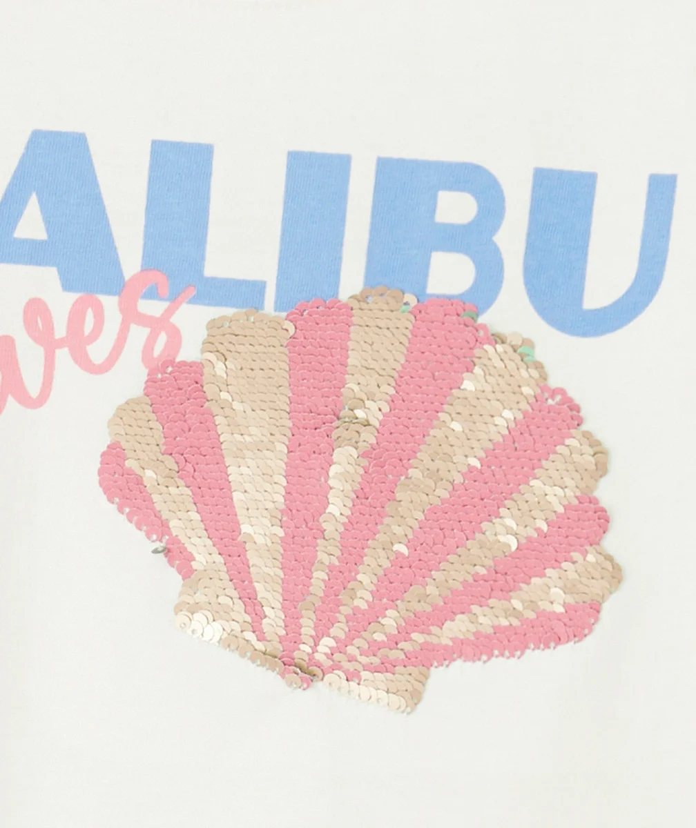 t-shirt manches courtes fille en coton bio blanc motif malibu