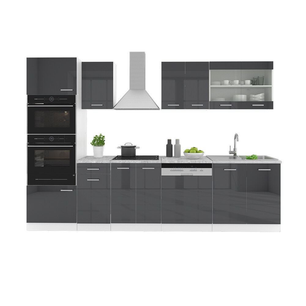 VICCO KÜCHE R-LINE 300CM KÜCHENZEILE KÜCHENBLOCK EINBAUKÜCHE ANTHRAZIT HOCHGLANZ