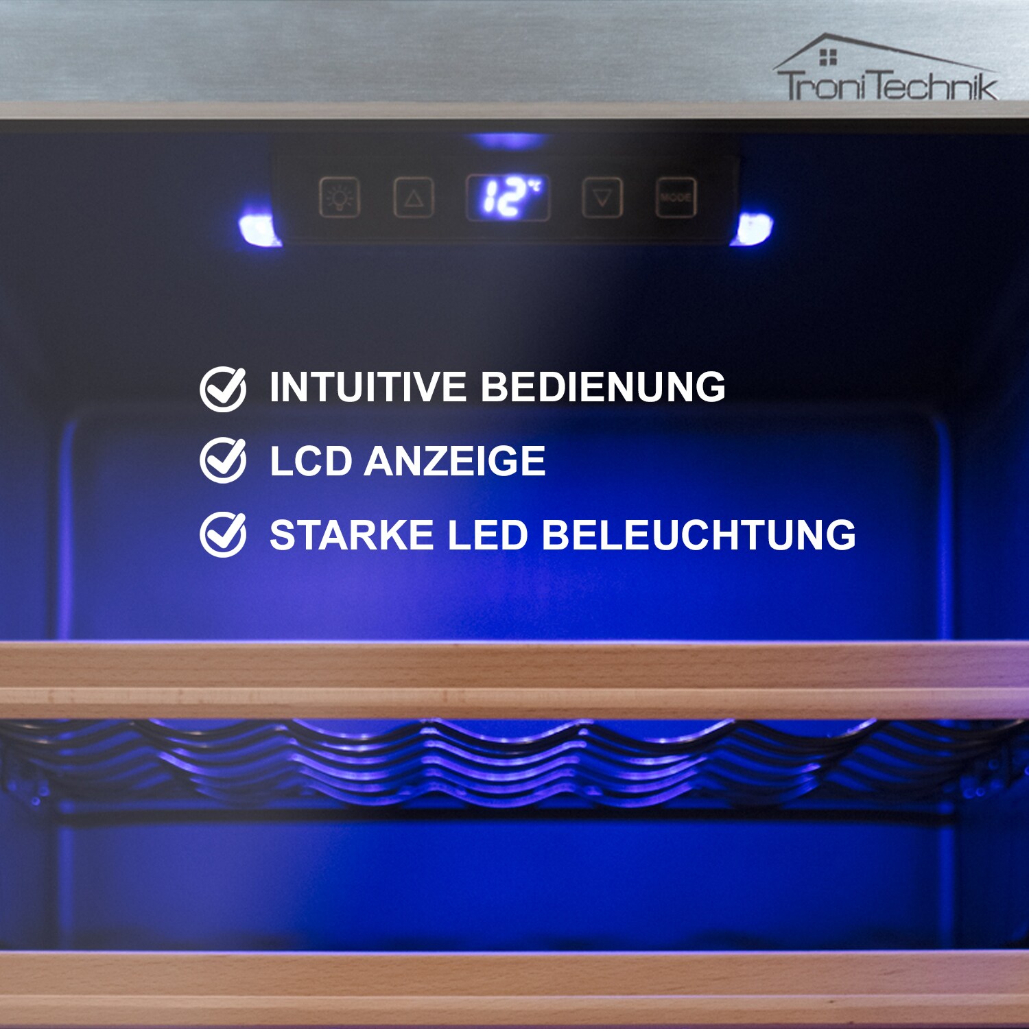 TroniTechnik® Weinkühlschrank, Getränkekühlschrank, 126 Liter, 63 Flaschen, Wein Kühlschrank Edelstahl-Optik, mit LED