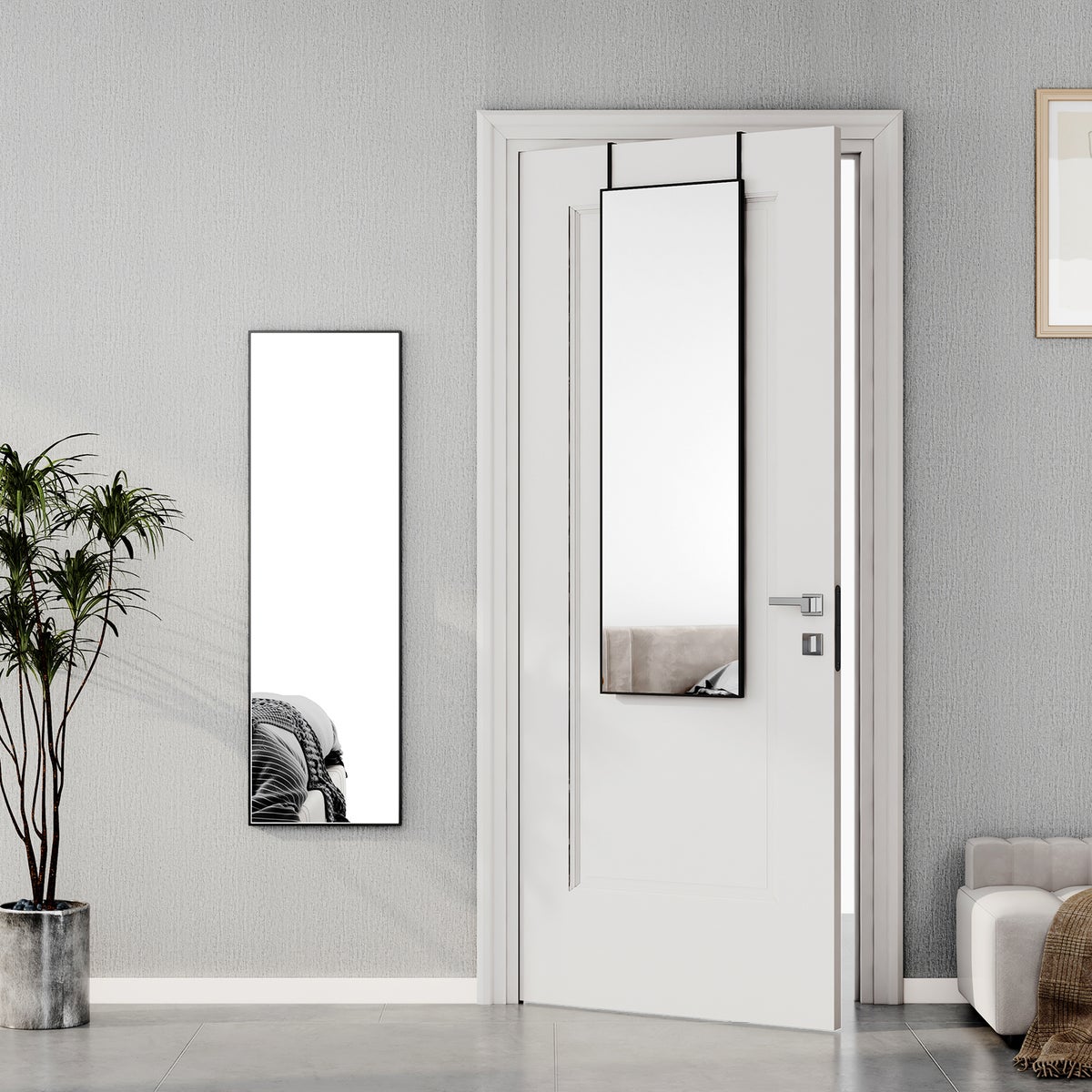 EMKE staande spiegel, 120x37cm HD grote spiegel met haken, rechthoekige hoge spiegel voor woonkamer of kleedkamer, zwart