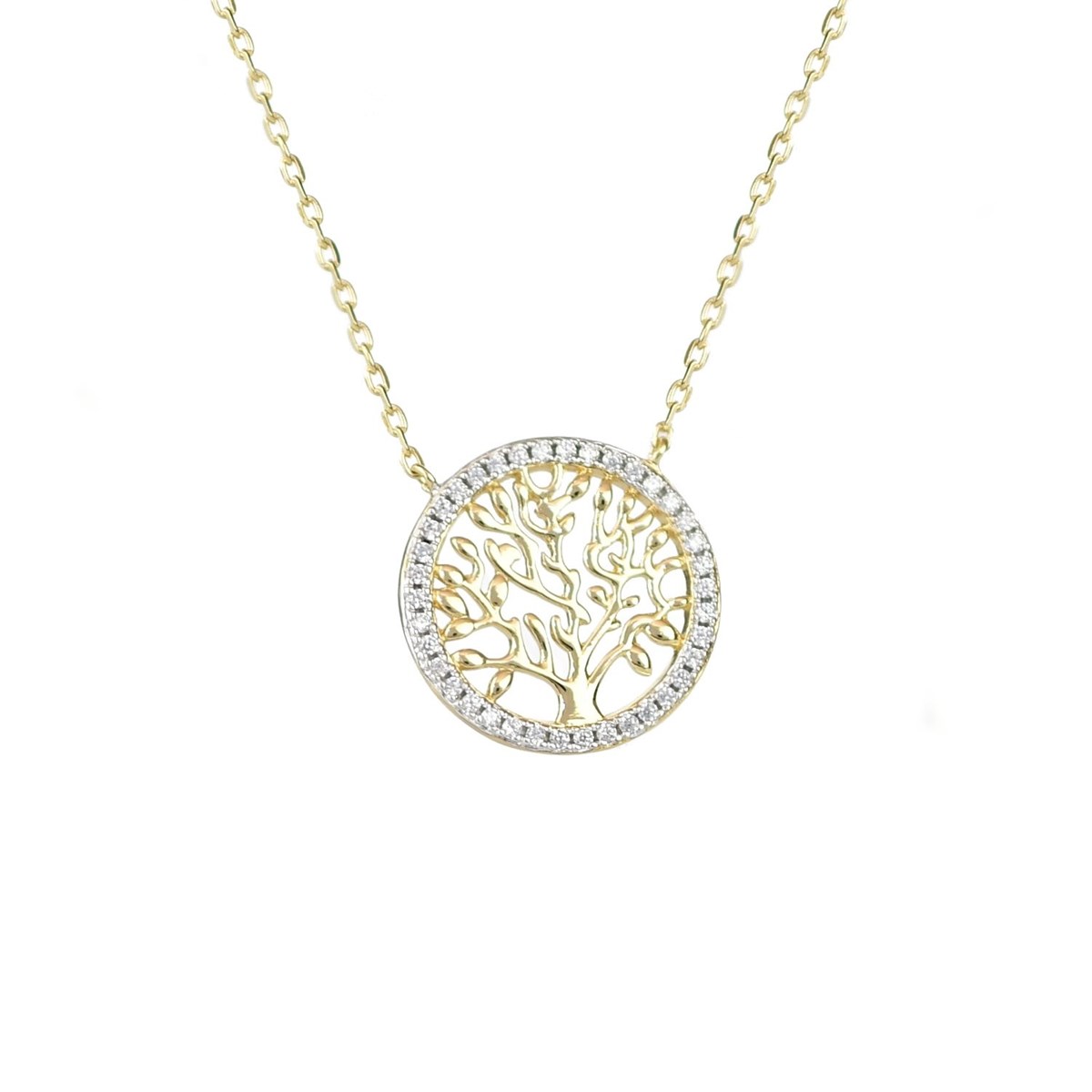 Collier arbre de vie cercle serti d'oxyde de zirconium Plaqué OR 750 3 microns 2 tons