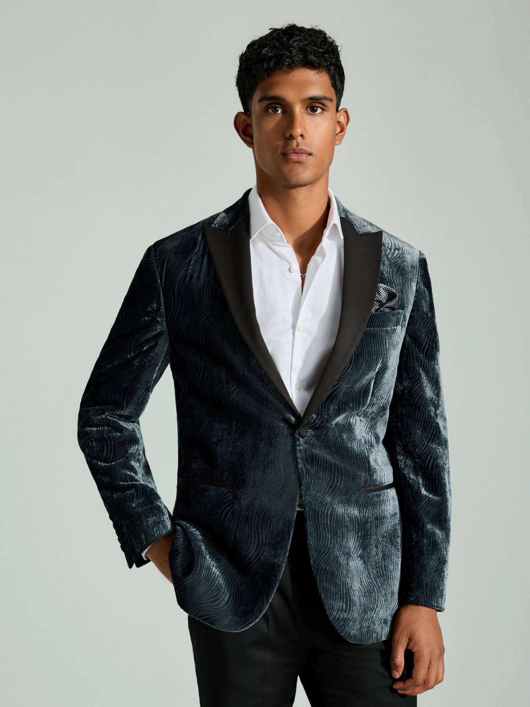 Staalblauw - Fluwelen blazer met patroon