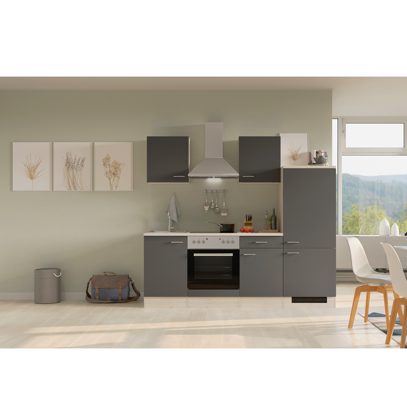 Küchenblock MORENA - basaltgrau matt - San Remo Eiche Nachbildung- mit E-Geräten - 220 cm