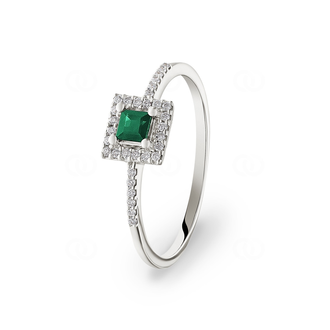 Damenring 750/18 K Weissgold mit Smaragd und Diamanten 0.09 ct H/si