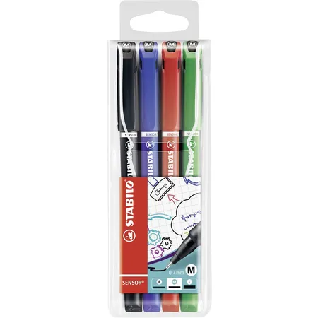Fineliner mit gefederter Spitze - STABILO SENSOR M - medium - 4er Pack - schwarz, blau, rot, grün