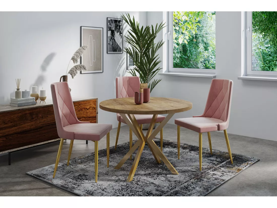 Table à Manger Extensible Ronde - Table Style Loft Avec Doré Pieds En Métal - 100 à 180 Cm - Ronde Table Style Industriel Pour Le Salon - Compacte - 100 Cm - Chêne