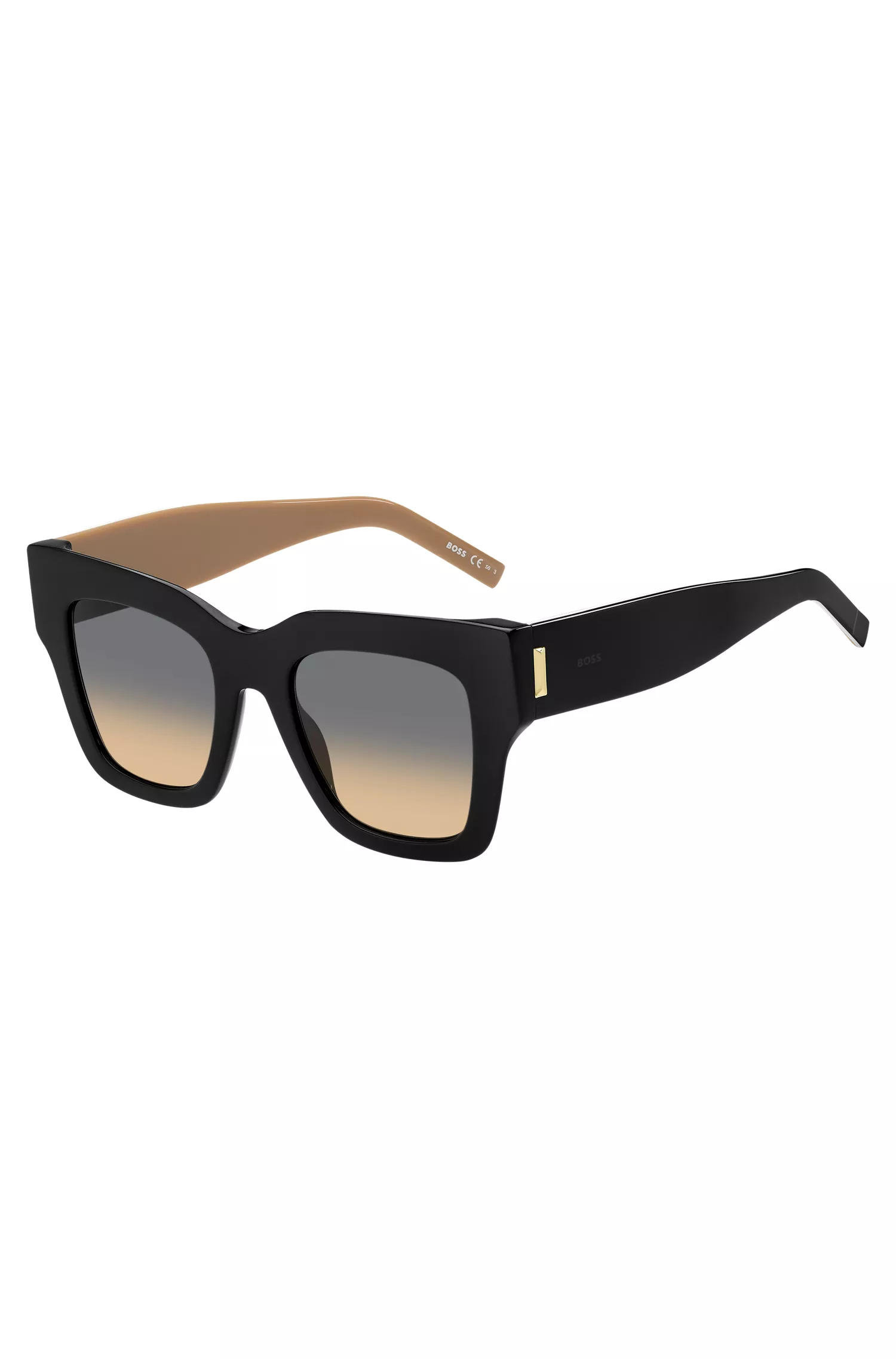 Óculos de sol BOSS em bioacetato preto com detalhes exclusivos.