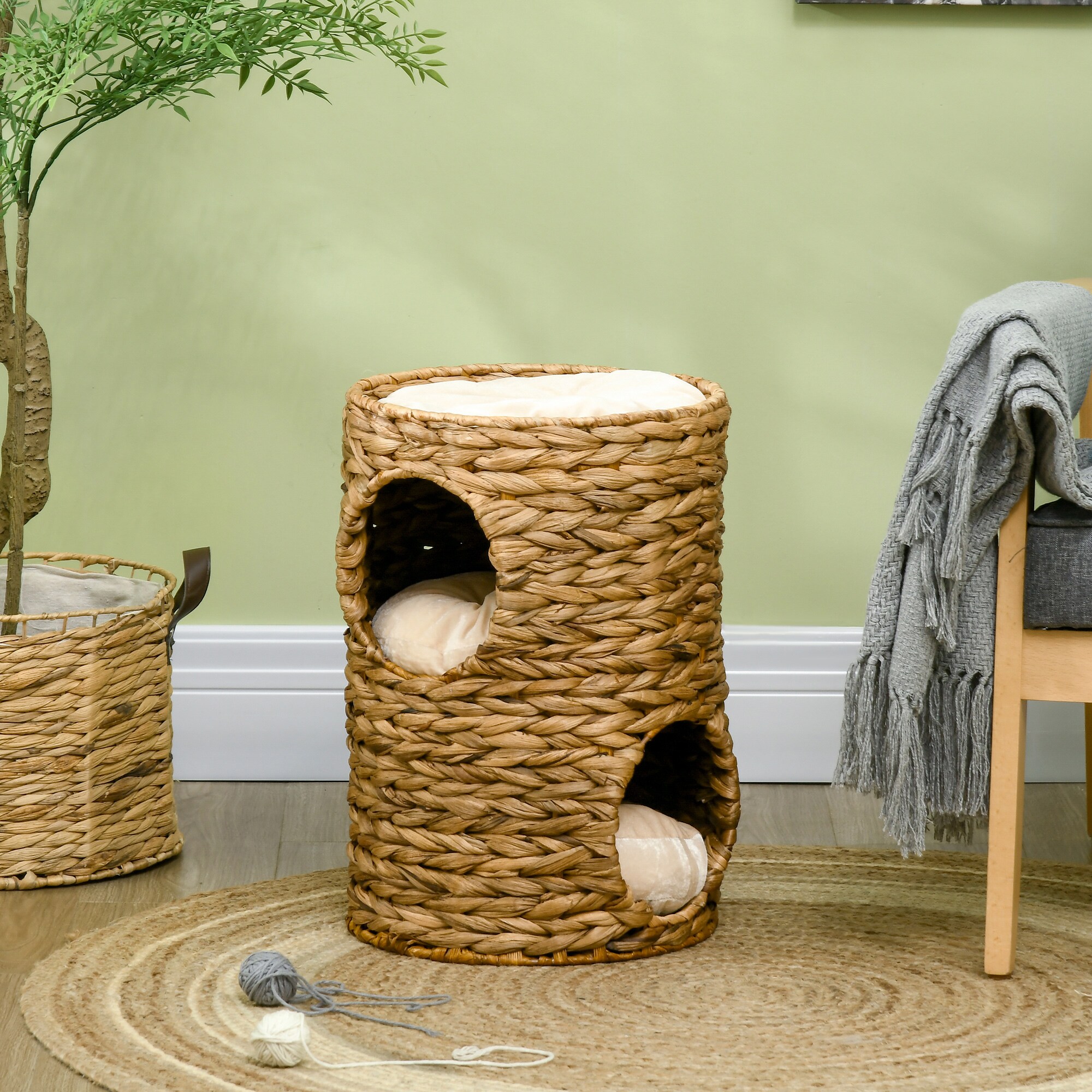 PawHut Katzenturm mit Kissen und 2 Eingängenen braun 32L x 32B x 47H cm