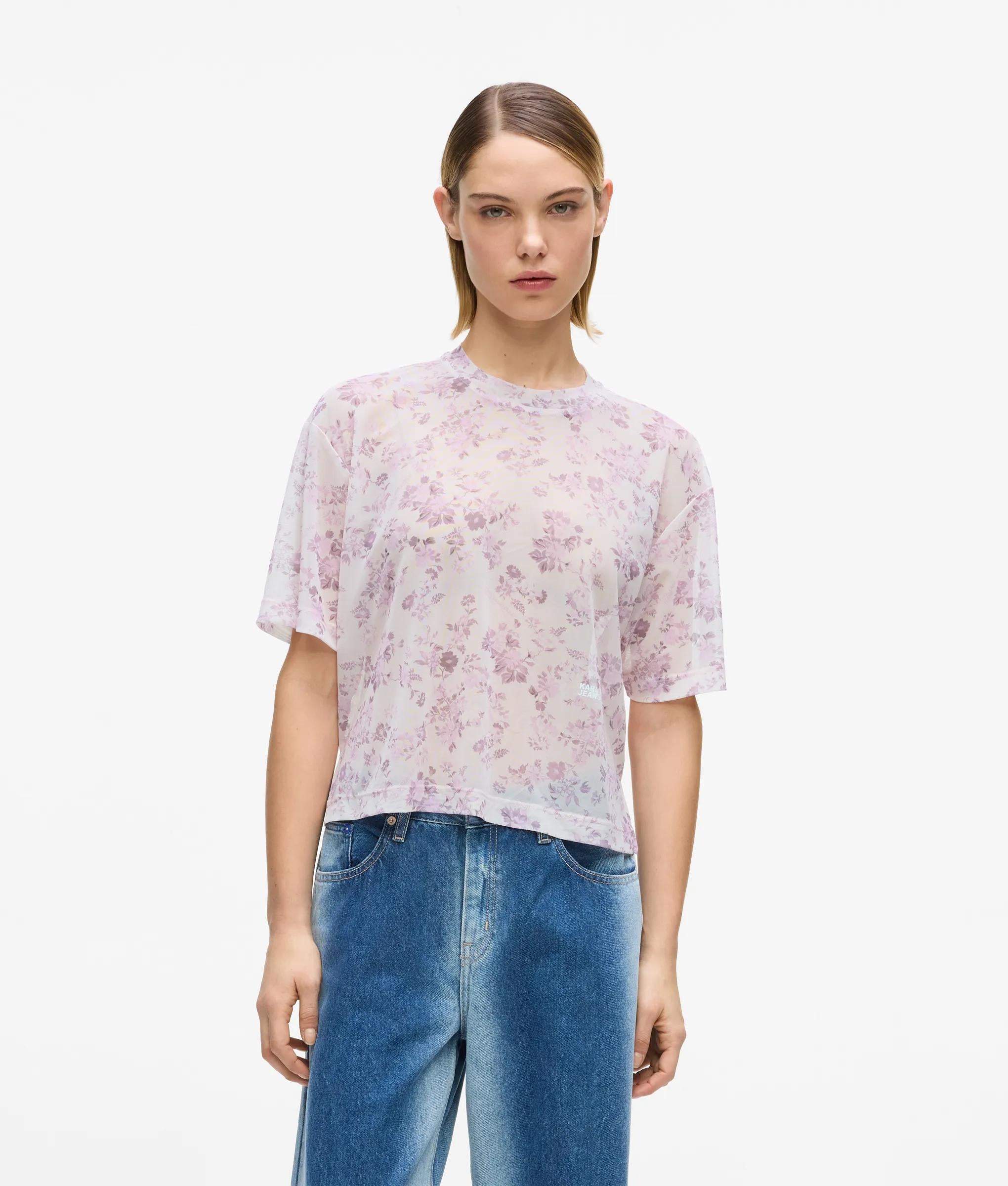 Gebloemd mesh t-shirt met korte mouwen
