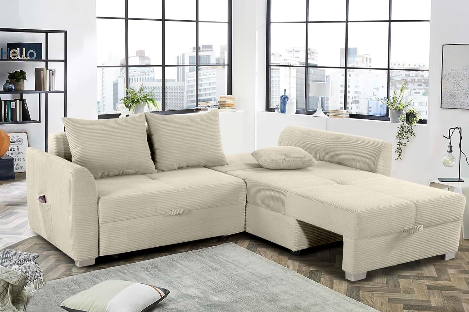 Cord Ecksofa B236/T160/H81 cm mit Schlaffunktion und Bettkasten, Tasche in der Armlehne, L-Couch mit Ottomane ausziehbar, links oder rechts montierbar, Bezug Cordstoff in Beige Grau / 15201