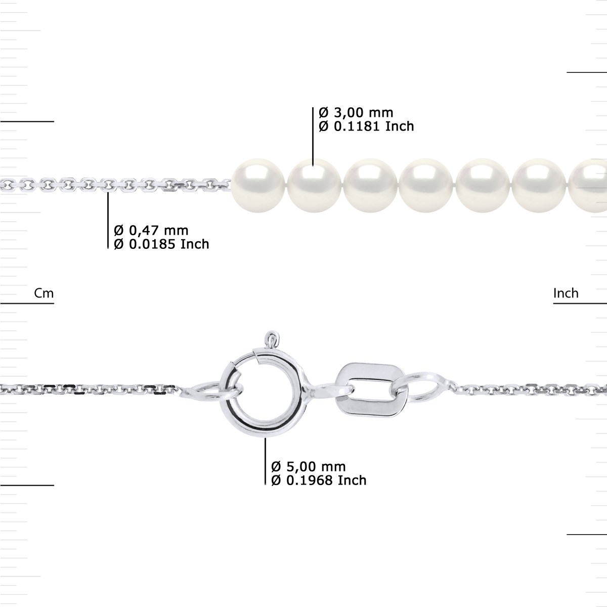 Bracelet TRINITE 7 Perles d'Eau Douce Rondes 3-4 mm Blanches Naturelles Chaîne Forçat Or Blanc