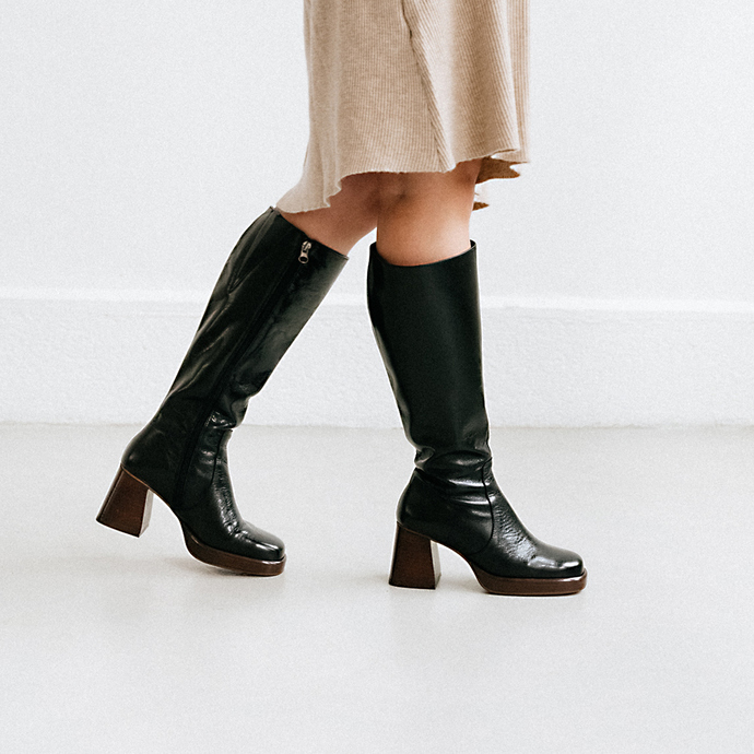 Bottes à plateformes  en cuir vielli noir taille mollet M
