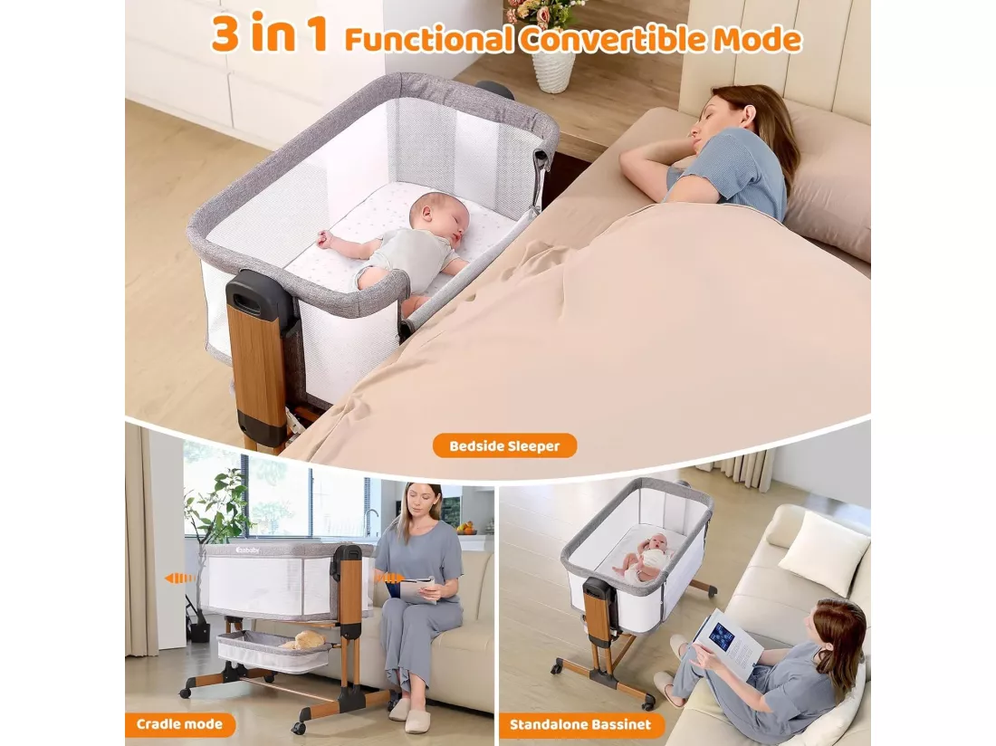 Ezebaby Lit Bébé Cododo 3 en 1,Couffin à Bascule avec Matelas,Hauteur Réglable 7 Niveaux,Maille Respirante,pour Nouveau-né,Veinure du Bois
