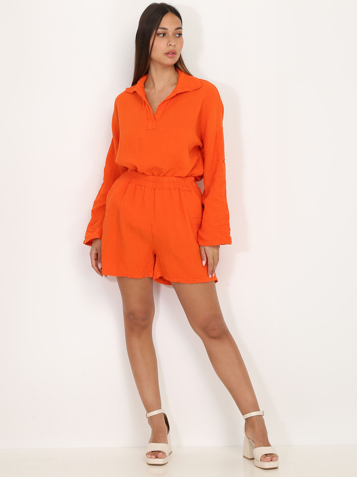 Ensemble blouse et short texturés- orange