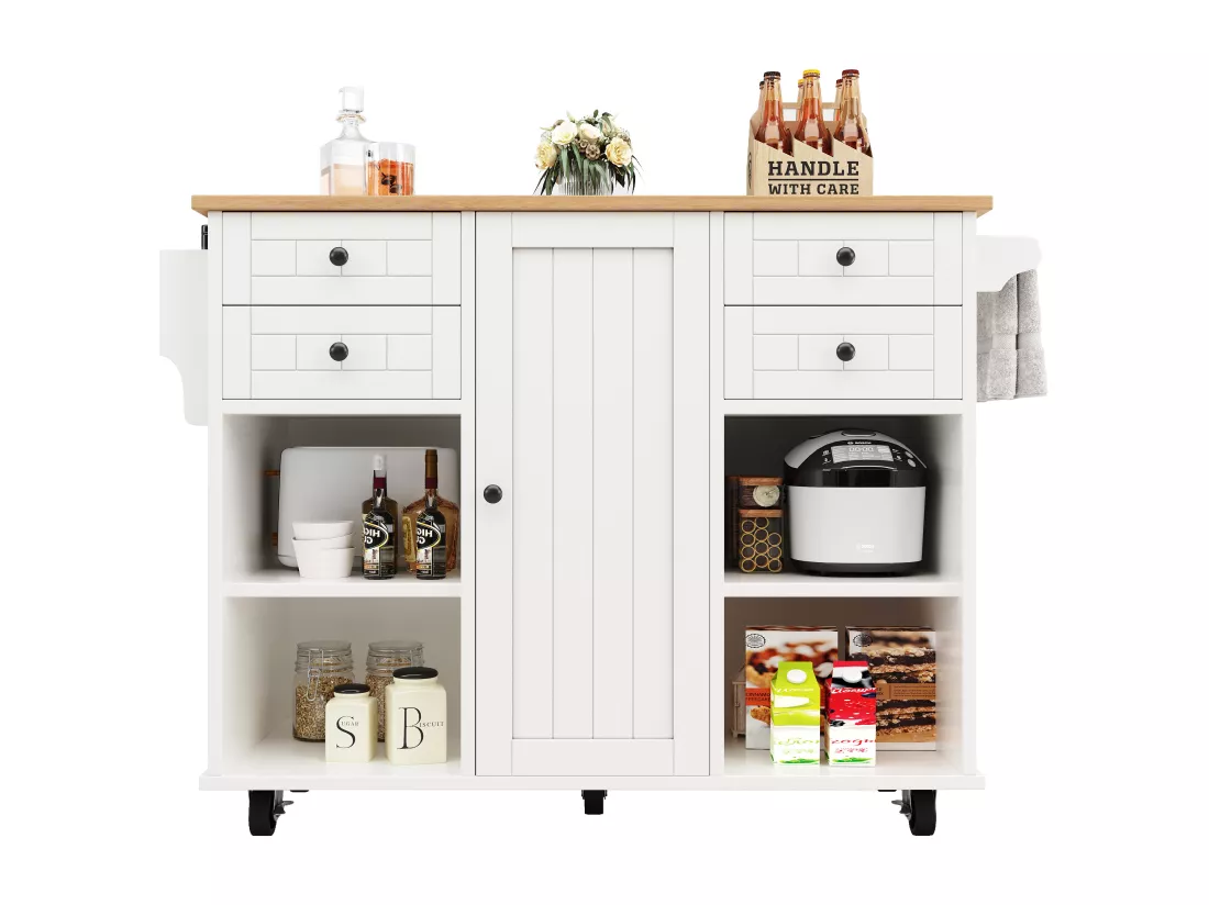 Ilot central de cuisine mobile avec 4 tiroirs, 1 porte et étagères de rangement - 127 x 46 x 91.5 cm - MDF et métal - Blanc
