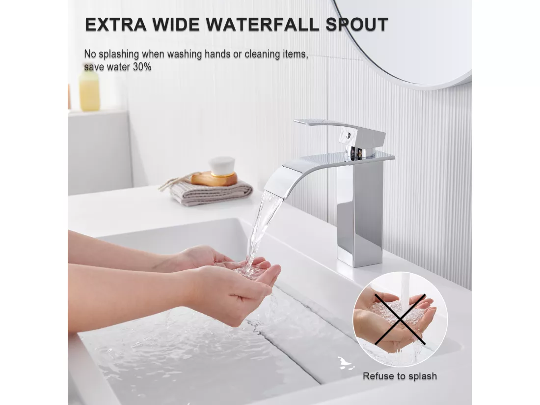 Auralum Max Robinet Salle Bain Cascade,Lavabo Salle de Bains en Acier Inoxydable 304 avec cartouche en céramique,L'eau Chaude/Froide,Chromé