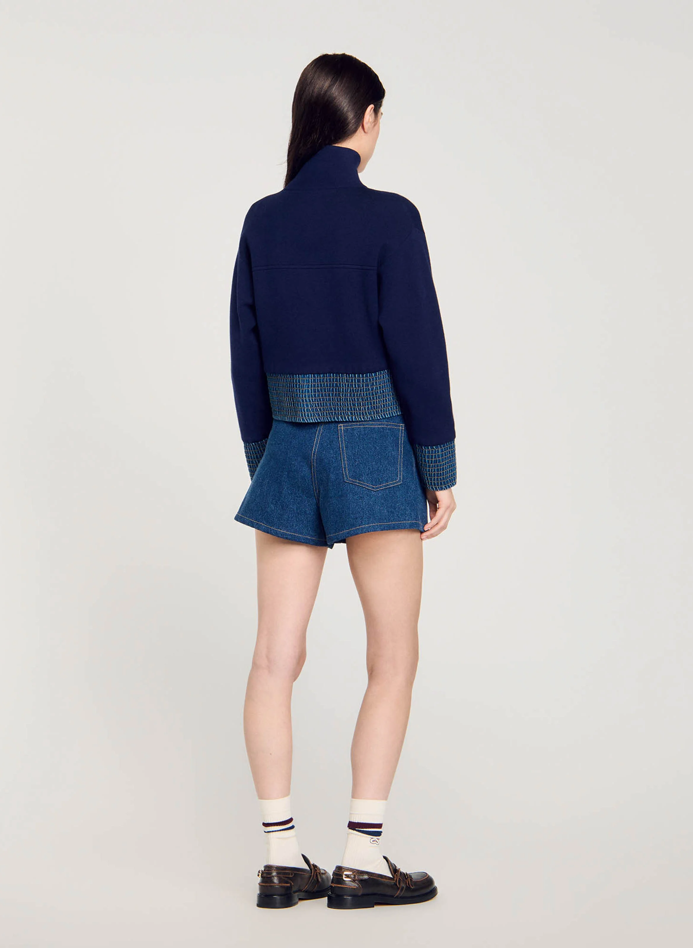 Blouson col montant droit en maille | Bleu