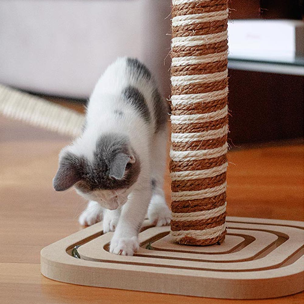 Griffoir à colonne pour chats pa 4001 en sisal avec socle en bois, balles incluses