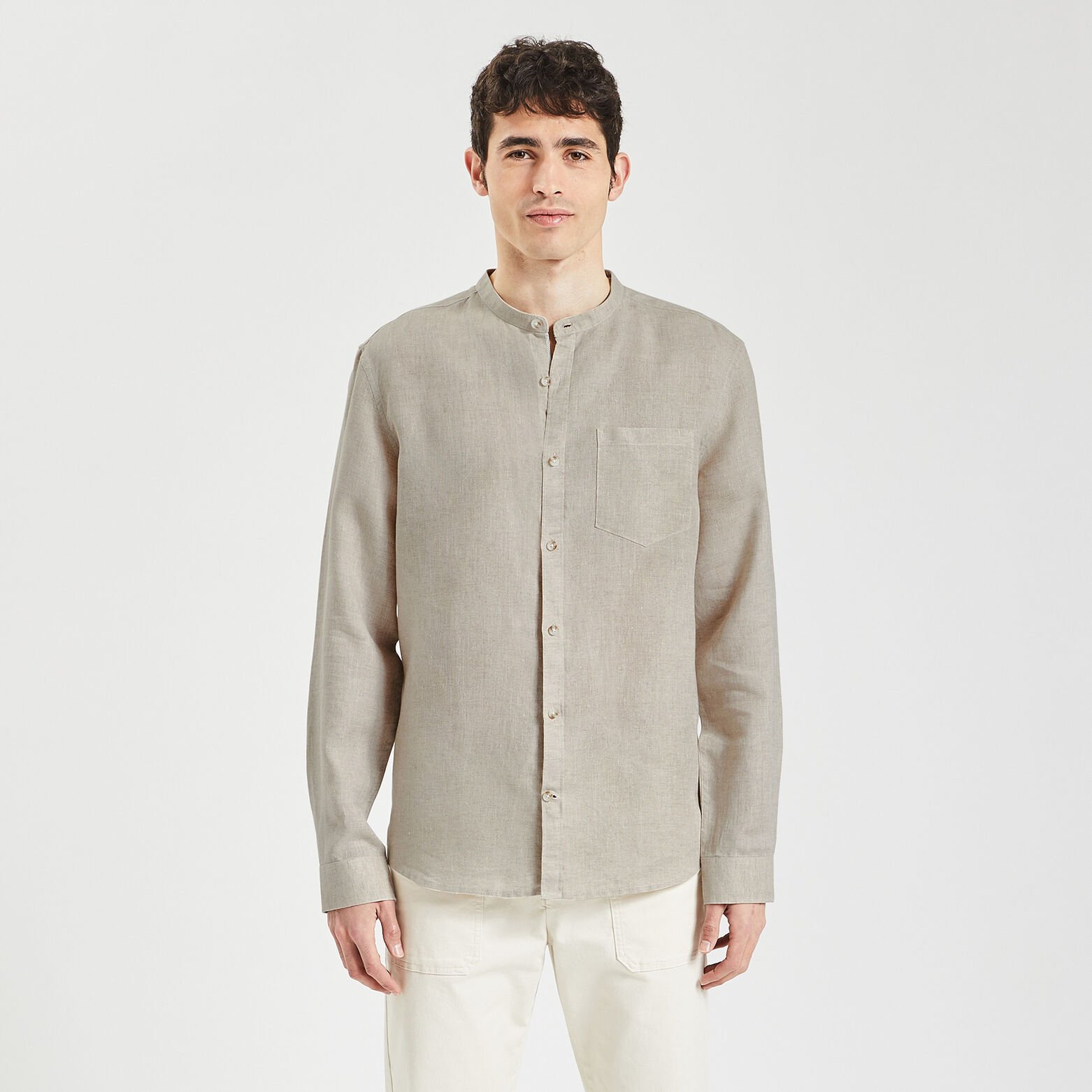 Chemise regular col mao unie lin Beige