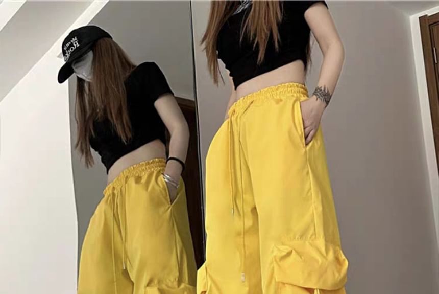 Mushini - Mid Rise Plain Drawstring Cargo Baggy Pants