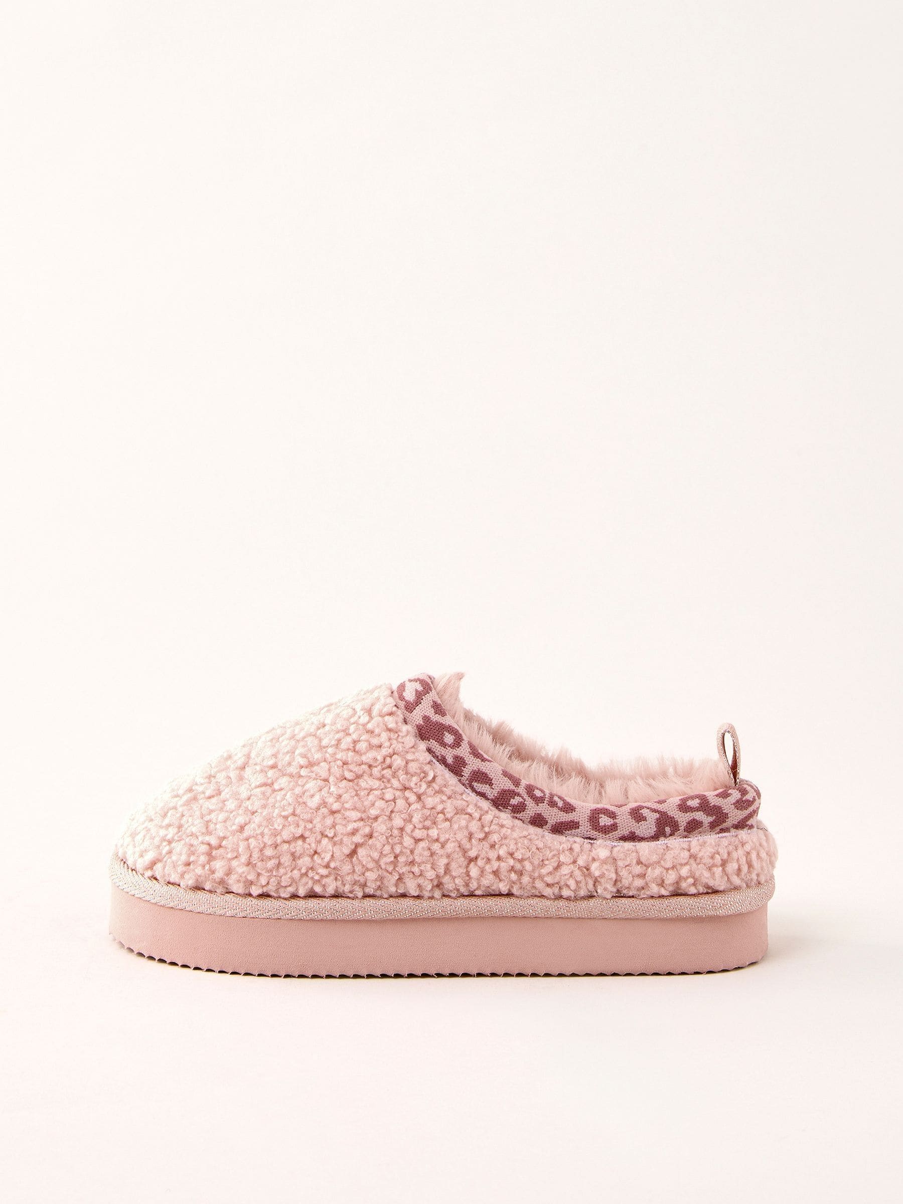Roze - Lipsy EVA Leopard Print Trim Borg Fluffy Slip On Clog Slippers