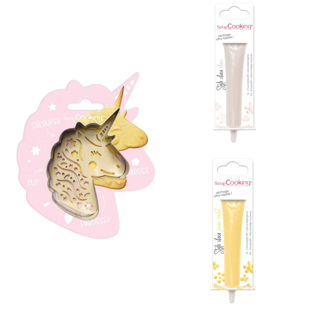 Kit pour biscuit en relief Licorne + 2 Stylos au chocolat blanc et jau