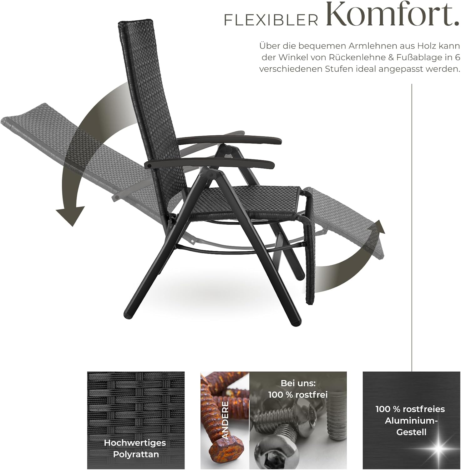 tectake® Alu Polyrattan Gartenstuhl mit Armlehnen, Campingstuhl mit 6-Fach Verstellbarer Rückenlehne, klappbar, Relaxsessel mit Liegefunktion, wetterfest, Klappstuhl mit Fußablage - schwarz
