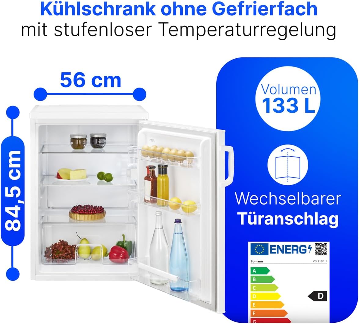 Bomann® Kühlschrank ohne Gefrierfach | Energieklasse D | 85cm | leise 39dB | 3 Ablagen | Türanschlag wechselbar | 133L | Kühlschrank klein mit Gemüsefach | Standardkühlschrank | VS 2195.1 weiß