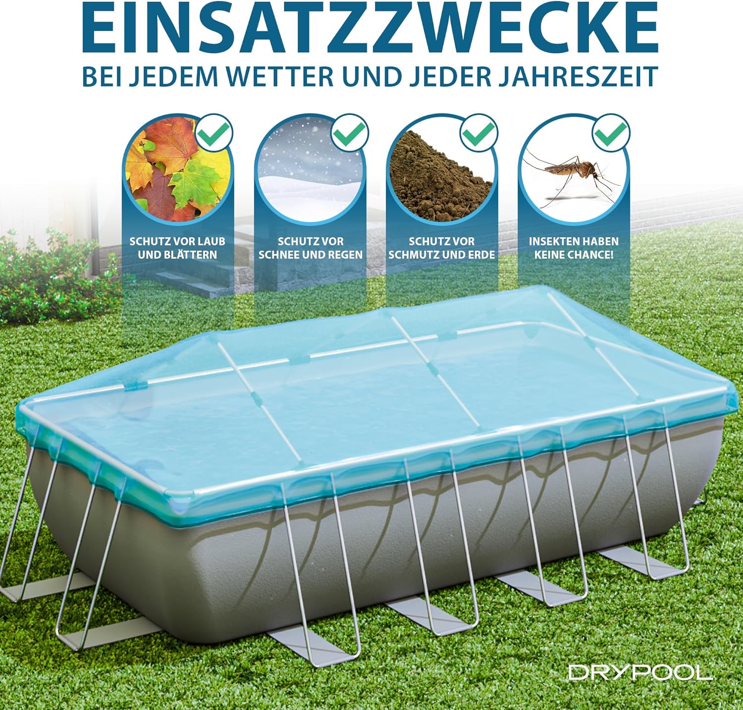 Regen-, Winter- u. Schmutzschutz für Pool u. Abdeckung | Kein Wasser- u. Schmutzstau mehr | Aluminiumsystem für ovale u. rechteckige Aufstellpools | Überwinterungsschutz | einfacher Aufbau