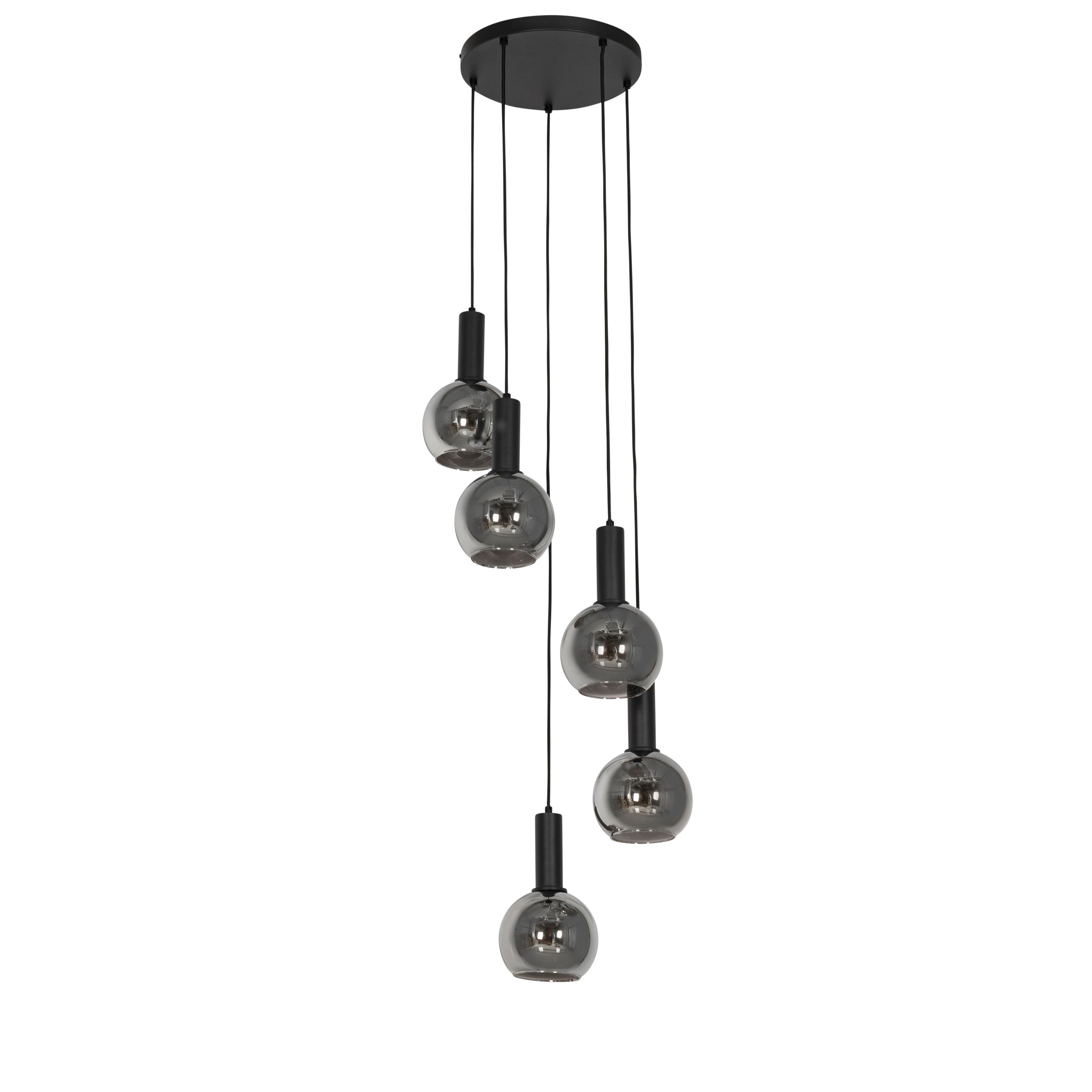 Art Deco hanglamp zwart met smoke glas rond 5-lichts - Josje