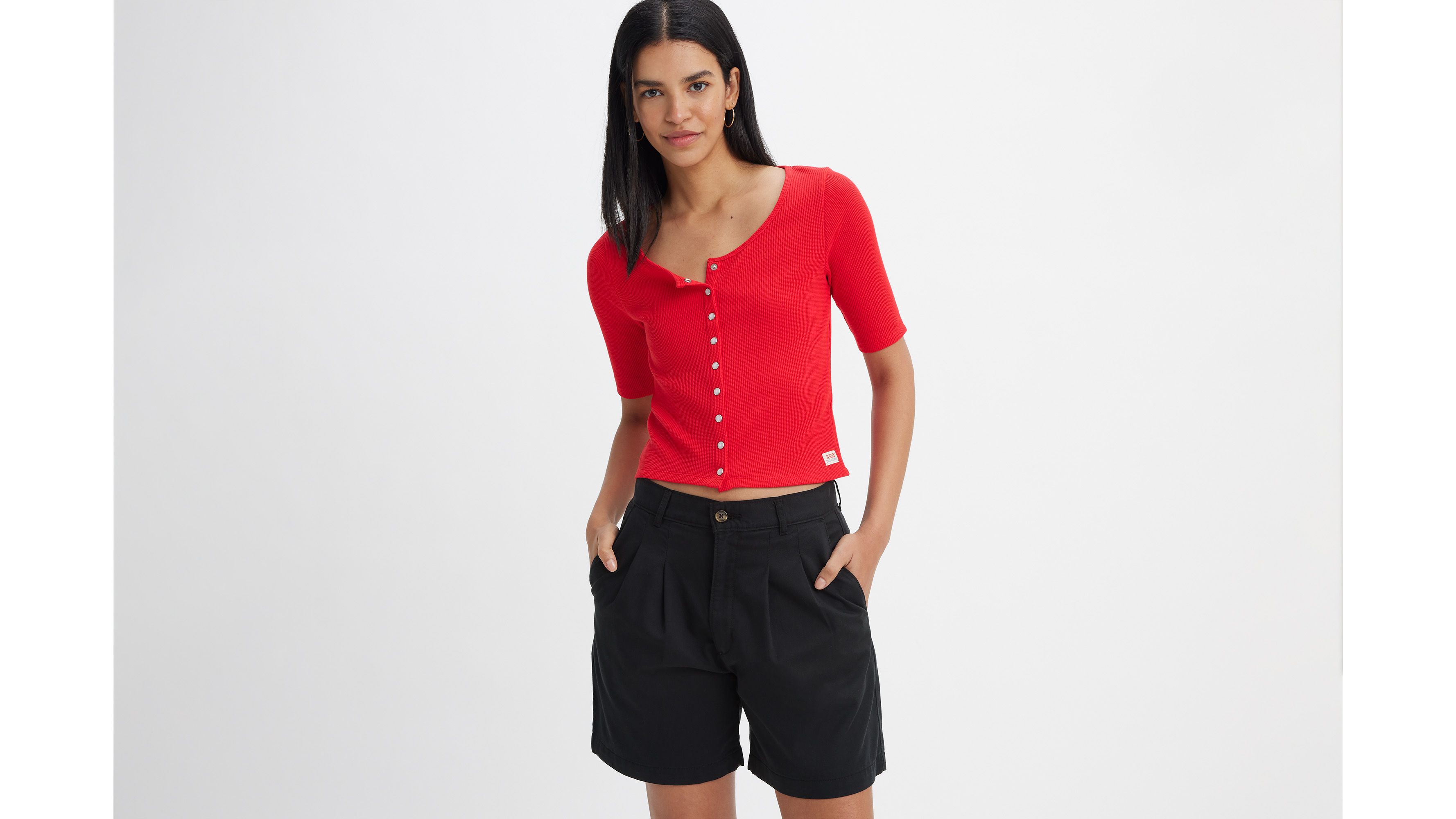 Dry Goods haut boutonné maille gaufrée - Script Red - Rouge