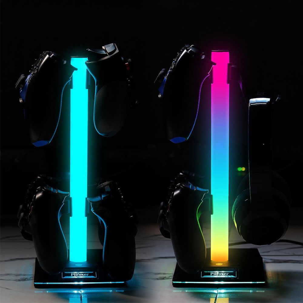 Gaming Kopfhörer und Controller Halterung Ständer mit USB C / 2x USB A Anschluss   RGB Beleuchtung - Schwarz