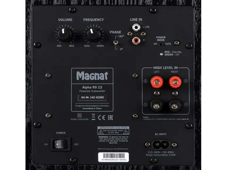 Magnat ALPHA RS12, 120 W, Aktiv subwoofer, 20 - 200 Hz, 240 W, 50 - 150 Hz, 30,5 cm (12