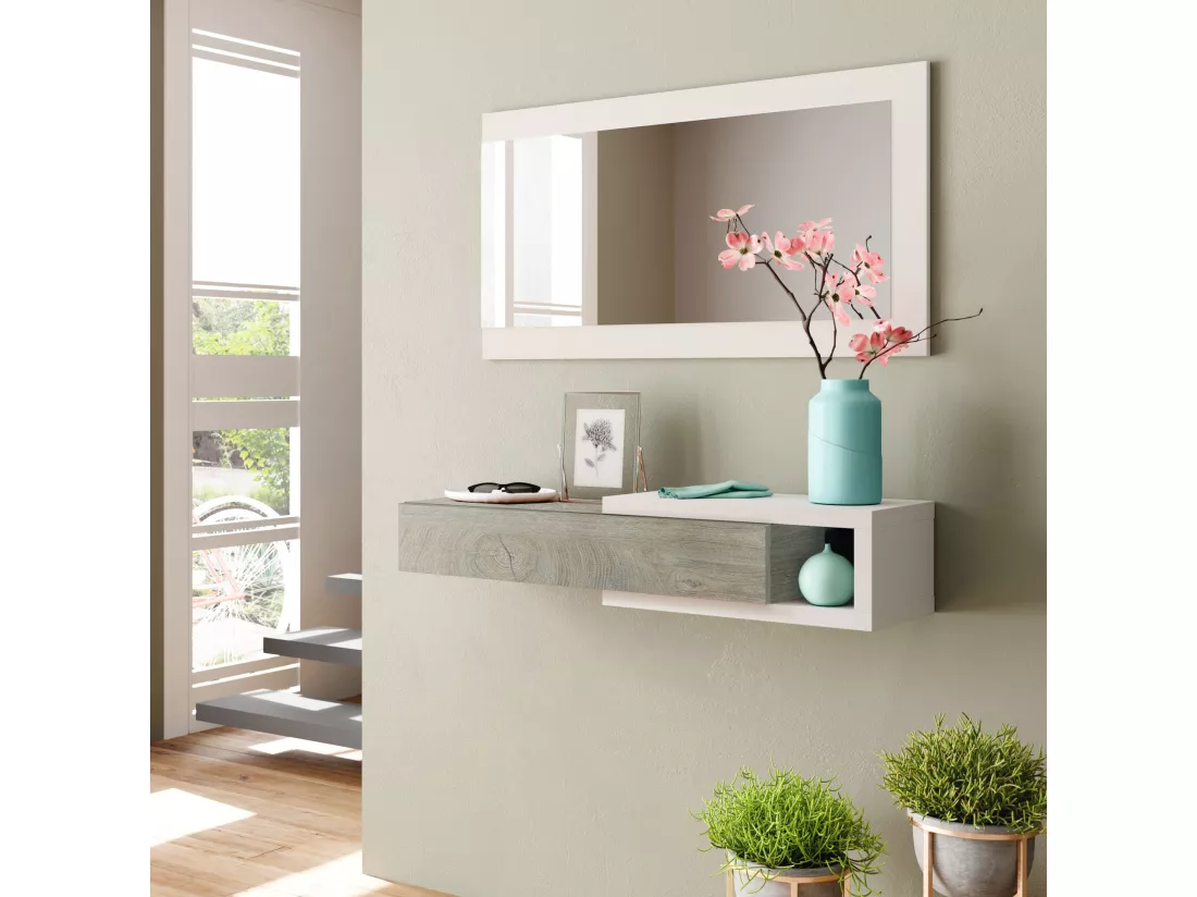 Meuble d'entrée Moon avec 1 tiroir et Miroir, Chêne/Blanc, Meuble, 95 cm Largeur