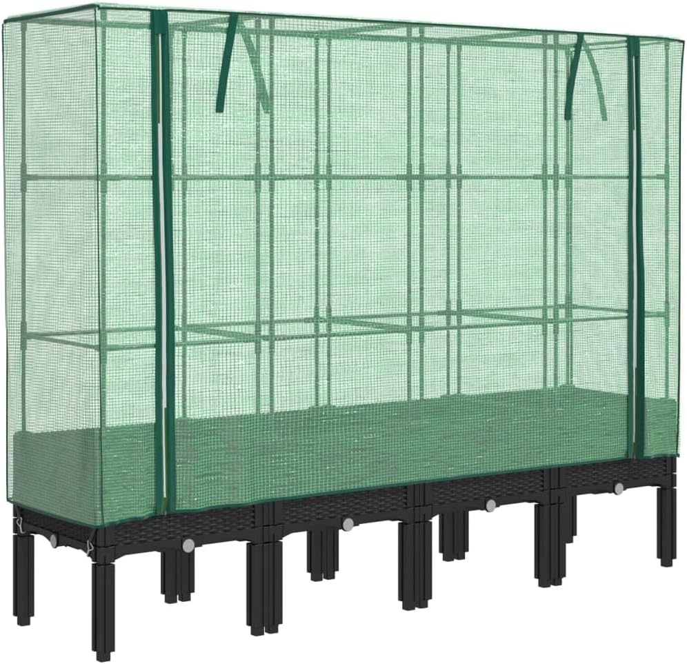 vidaXL Hochbeet mit Gewächshaus-Aufsatz, Pflanzbeet mit Eisenrohr-Rahmen, Gemüsebeet für Garten Terrasse Balkon, Pflanzkasten Frühbeet, Rattan-Optik