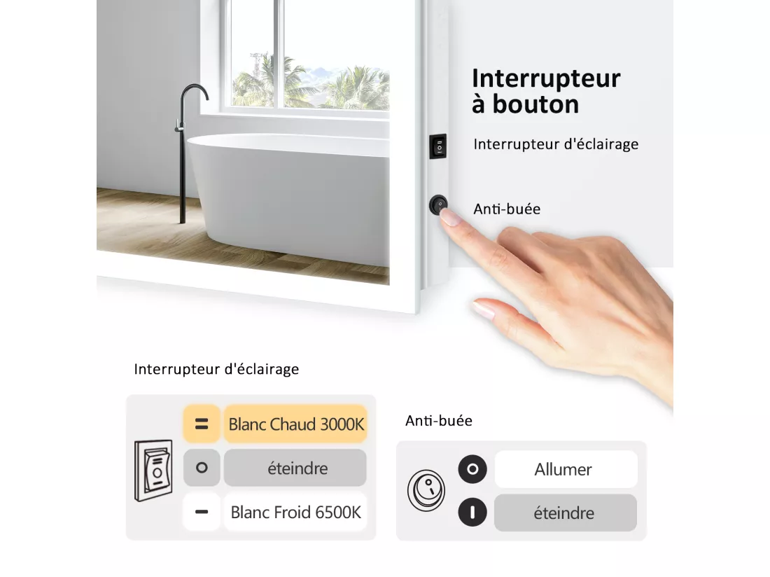 EMKE Miroir lumineux salle de bain 45x60cm, Miroir LED avec Interrupteur à bouton, Anti-buée, Miroir avec éclairage lumière Blanche Froide/Chaude