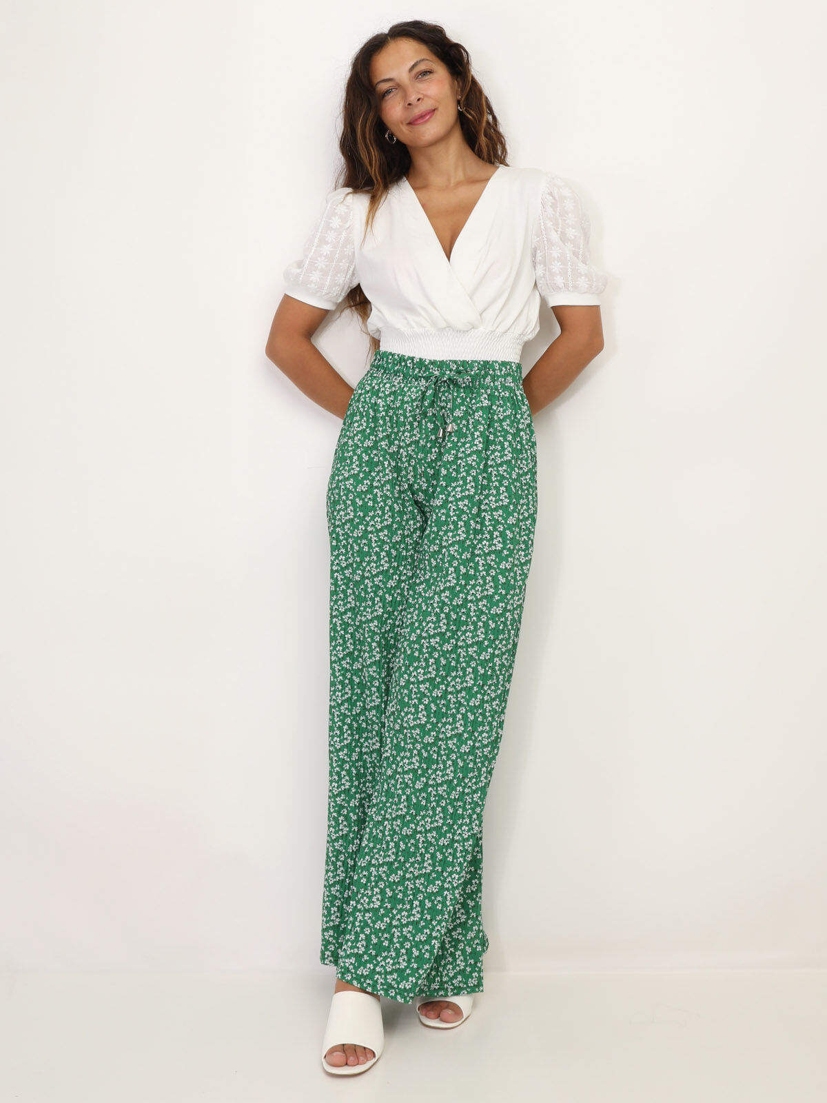 Pantalon plissé à motif floral- Vert