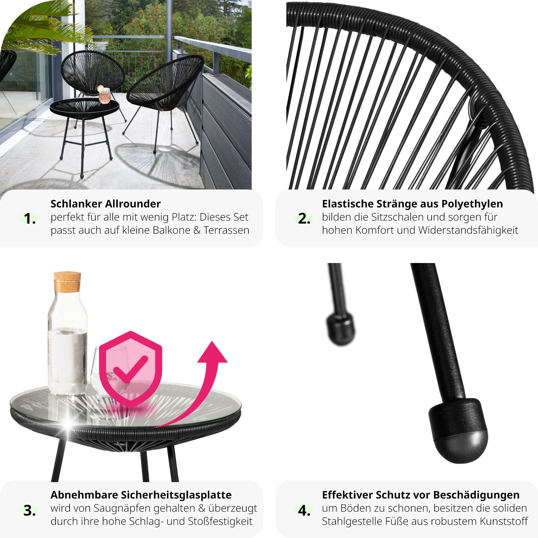 tectake® 2 Gartenstühle Santana mit Tisch, Retro-Design im Acapulco-Stil, UV-beständig, Belastbarkeit Stuhl 120 kg