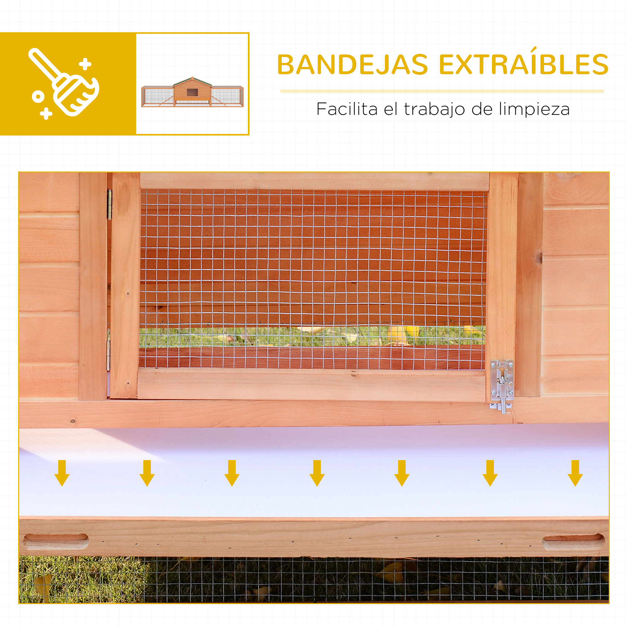 Gaiola de madeira PawHut para coelhos, 309 x 79 x 86 cm, grande, para uso externo, comporta de 2 a 4 coelhos, com 2 compartimentos, bandeja removível, telhado de asfalto, 2 rampas, cor natural.