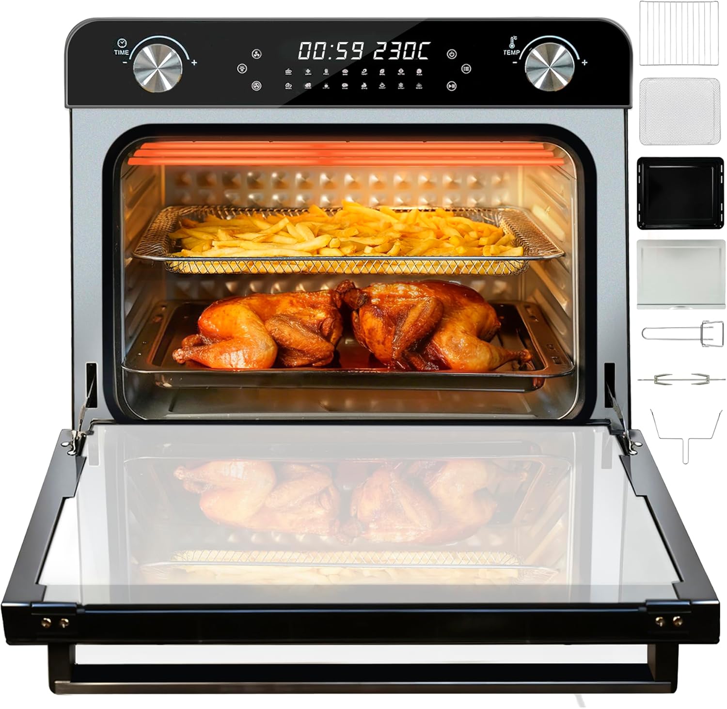 Luftfritteurofen mit Drehspieß – Tischkonvektionstosterofen 36L Große Heißluftfritteuse mit Rotisserie 16 in 1 Multifunktion XXL Tischofen LED Smart Panel 7 Zubehör Set Perfekt