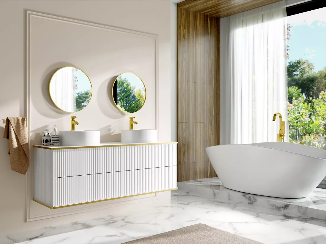 Meuble de salle de bain suspendu strié liseré doré avec double vasque à poser ronde - Blanc - 150 cm - KELIZA