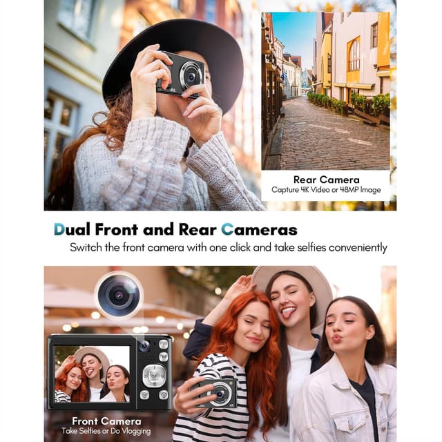 4K HD digitalkamera med front- og bagkamera og stabilisering Sort