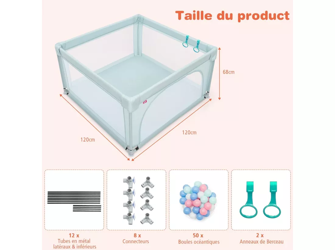 Parc Bébé en Tissu avec Tapis Antidérapant, Centre d'Activité Enfants avec Maille Respirante, 50 Boules, Sac de Transport Intérieur Extérieur pour Bébé 0-3 Ans Gris